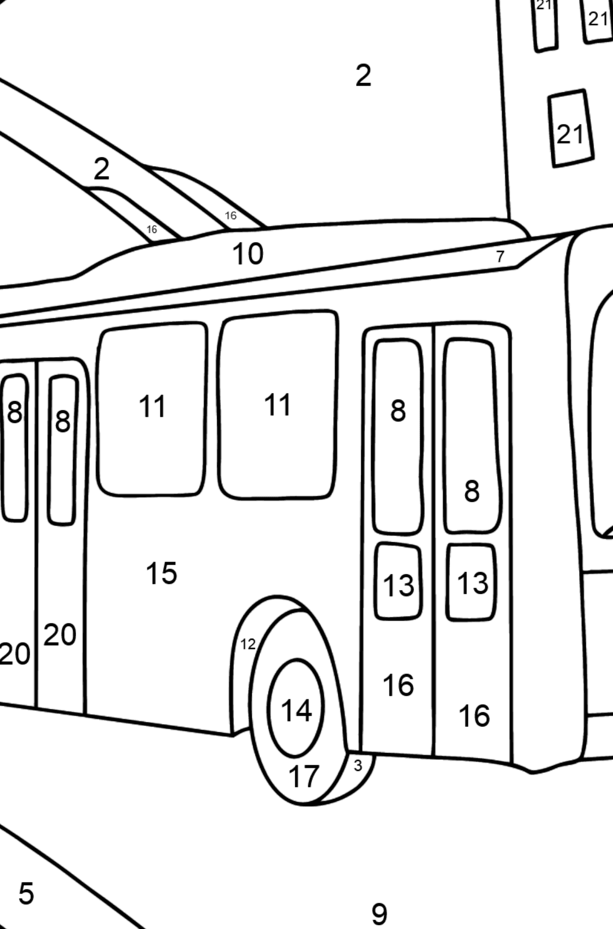 Coloriage - Un trolleybus traverse la ville - Coloriage par Chiffres pour les Enfants