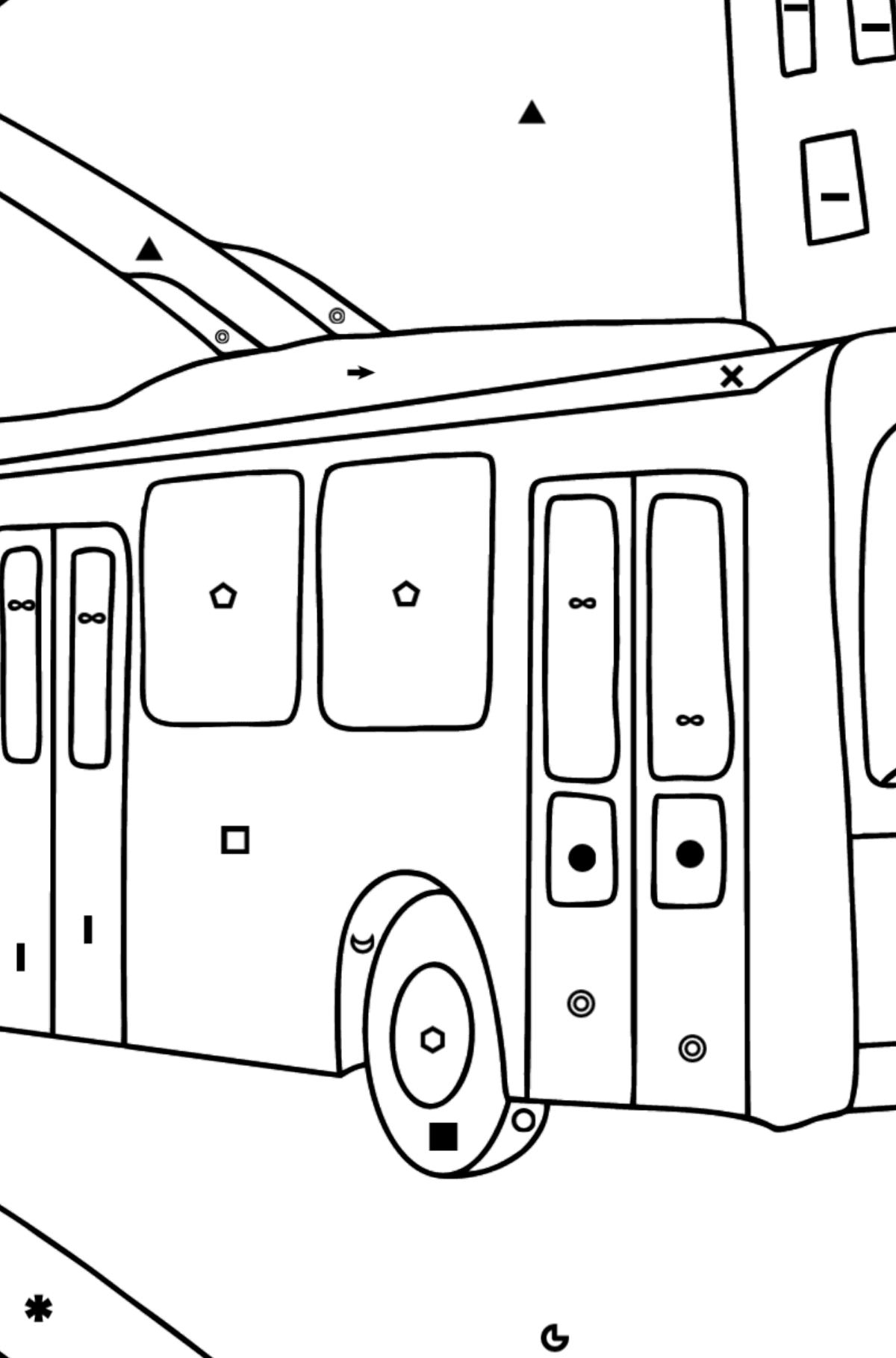 Coloriage - Un trolleybus traverse la ville - Coloriage par Symboles pour les Enfants