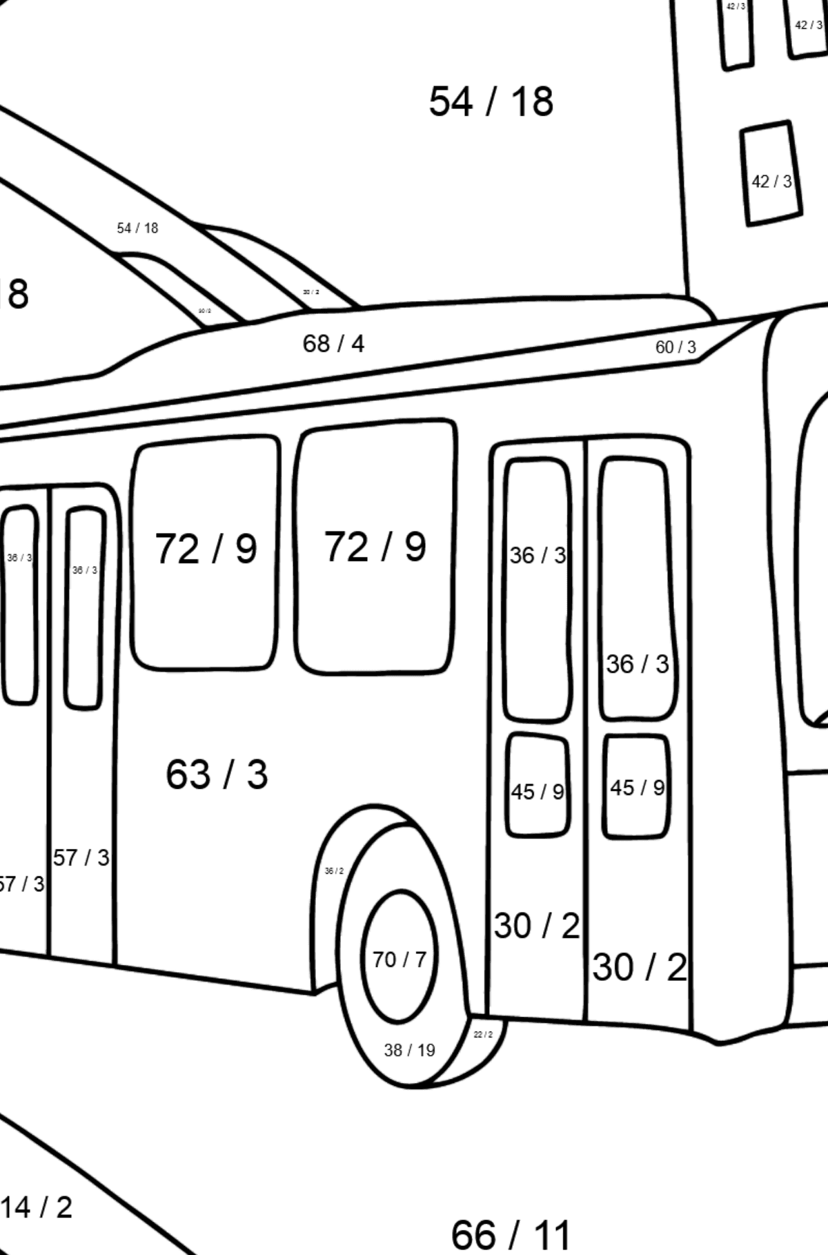 Coloriage - Un trolleybus traverse la ville - Coloriage Magique Division pour les Enfants