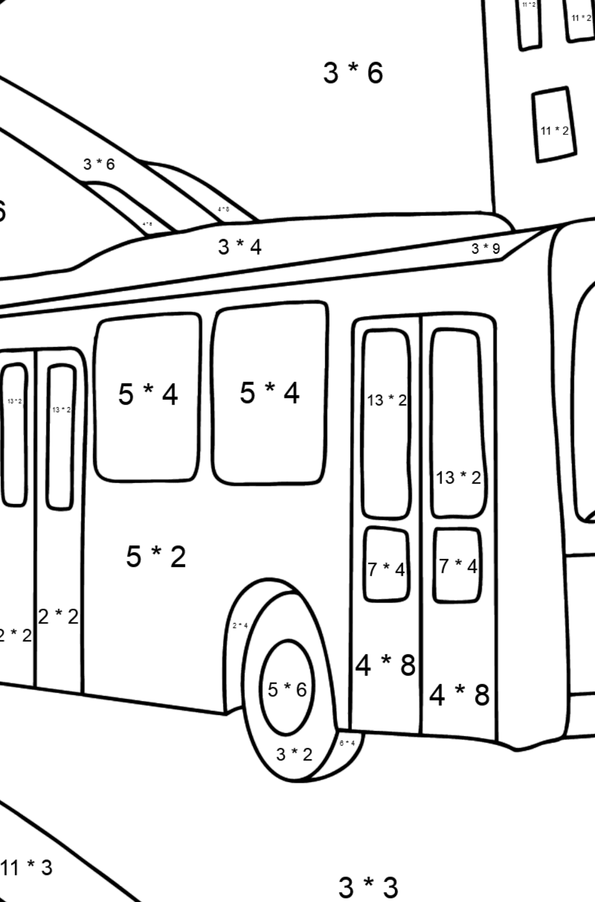 Coloriage - Un trolleybus traverse la ville - Coloriage Magique Multiplication pour les Enfants