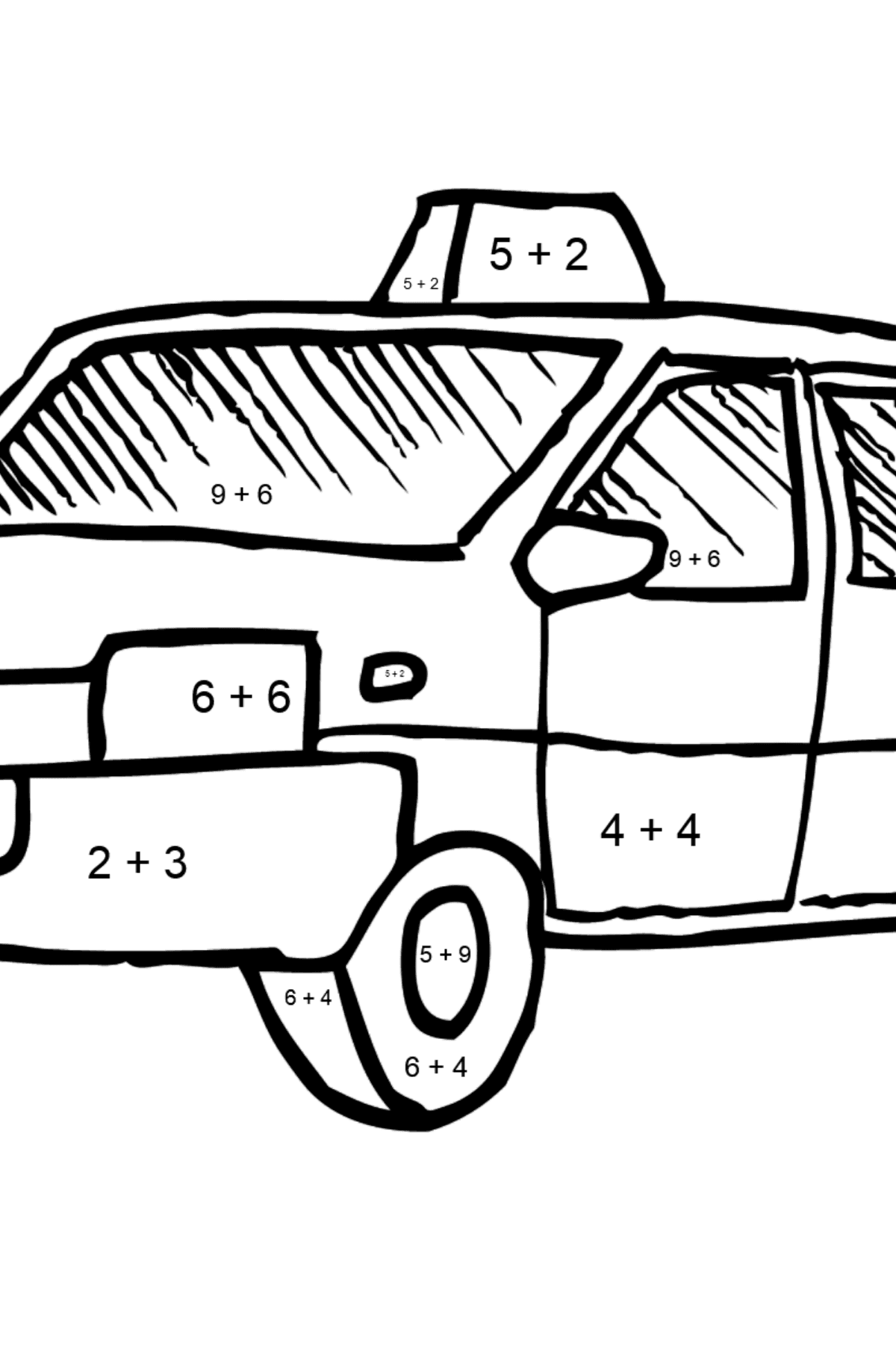 Coloring Page - A Yellow Taxi - Math Coloring - Addition for Kids