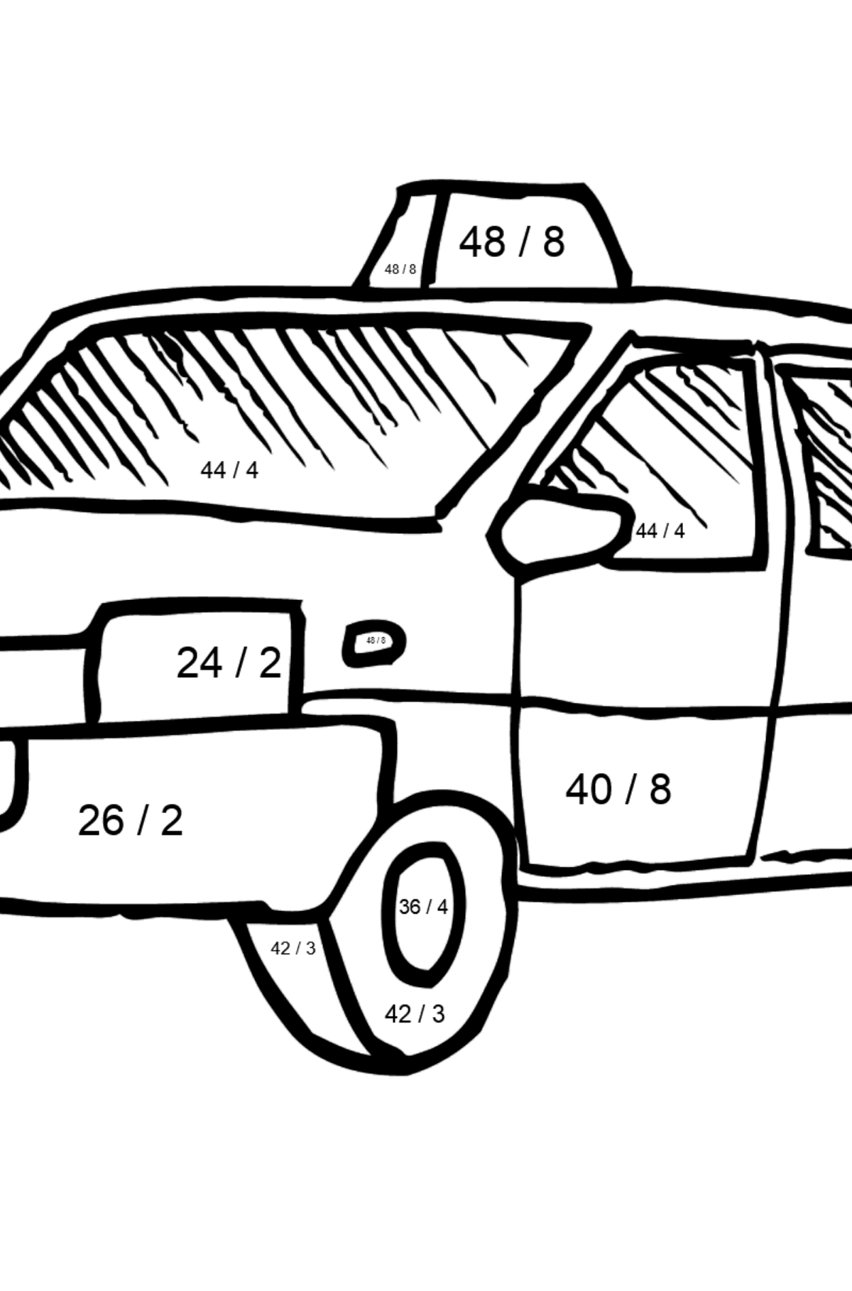 Coloring Page - A Yellow Taxi - Math Coloring - Division for Kids