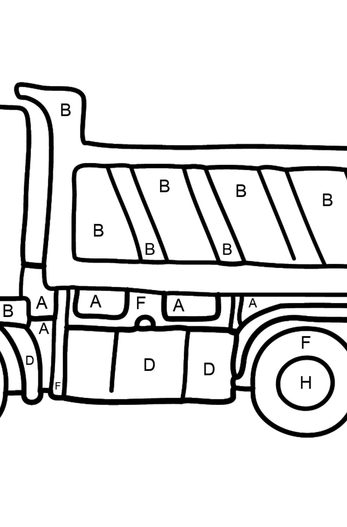 Ausmalbild mit Ein Muldenkipper - Ausmalen nach Buchstaben für Kinder