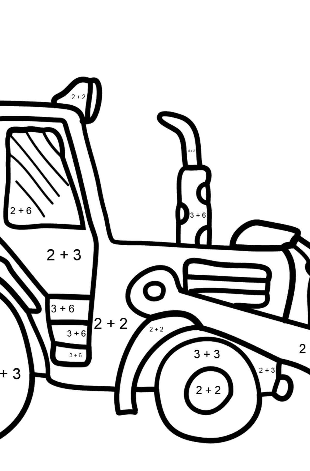 Ausmalbild oder Malvorlage mit Ein gelber Traktor - Mathe Ausmalbilder - Addition für Kinder
