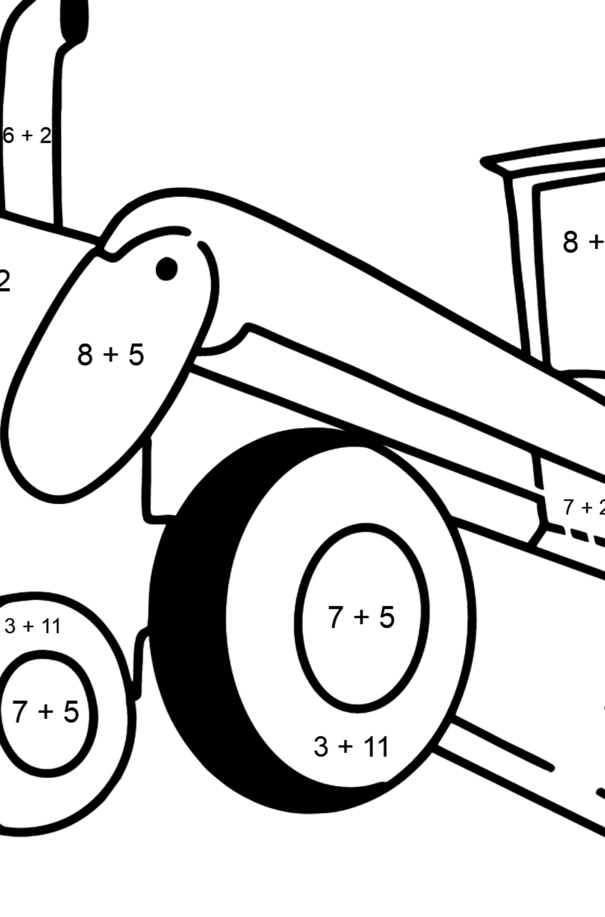 Розмальовка Трактор Грейдер - Математична Розмальовка Додавання для дітей