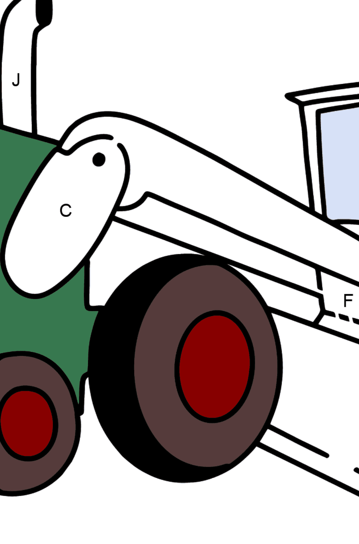 Ausmalbild: Traktor Grader - Ausmalen nach Buchstaben für Kinder