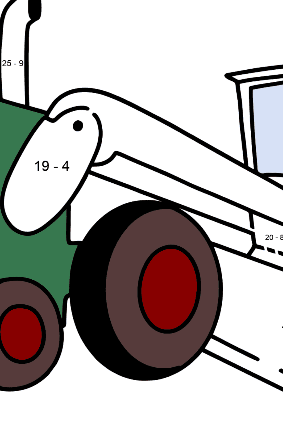 Ausmalbild: Traktor Grader - Mathe Ausmalbilder - Subtraktion für Kinder