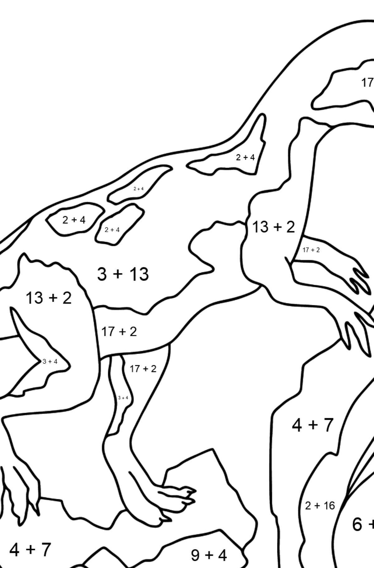 Jurassic Dinosaurier Malvorlage (schwier) - Mathe Ausmalbilder - Addition für Kinder