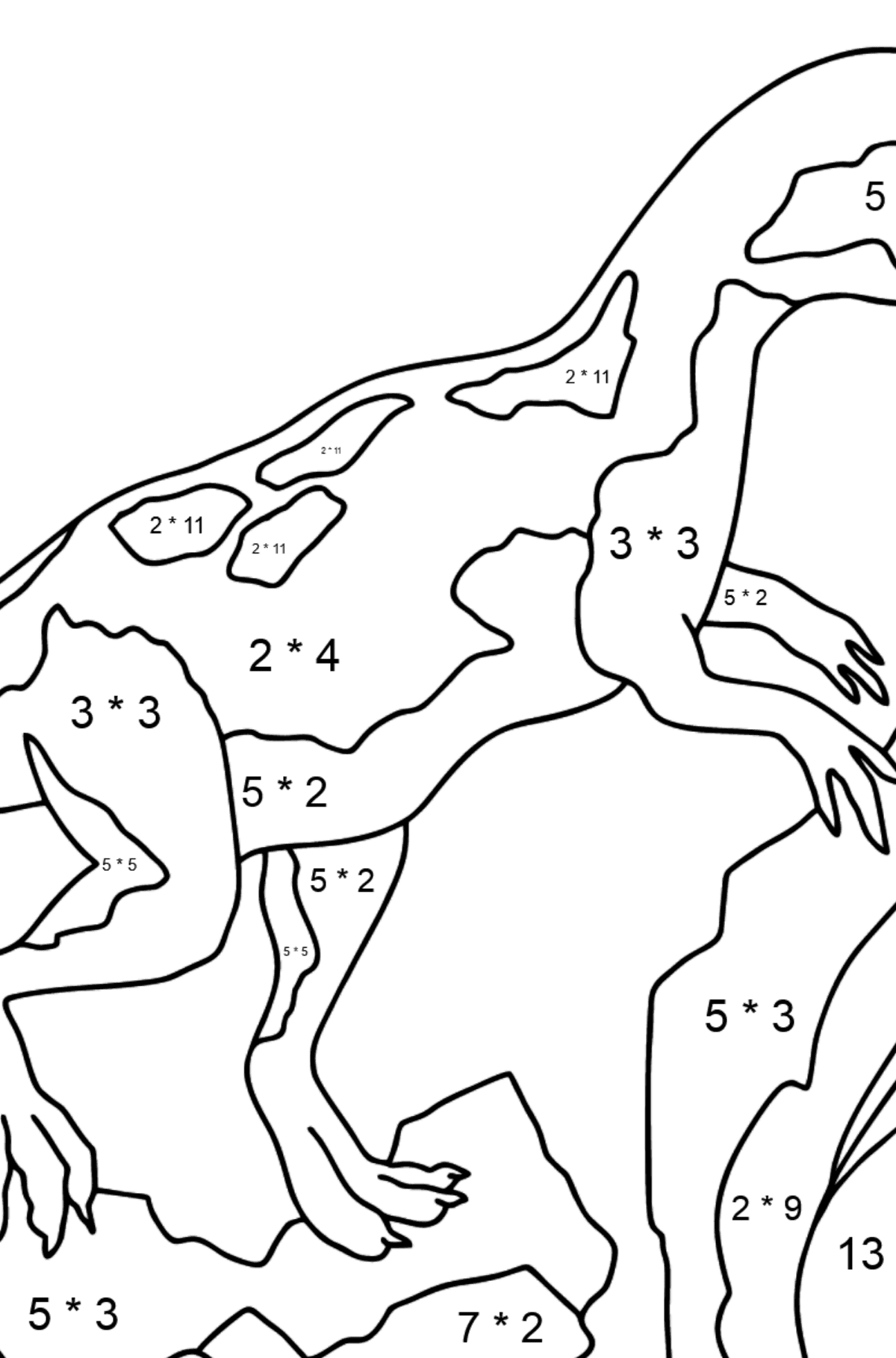 Desenho para colorir de Dinossauro Jurássico (difícil) - Colorindo com Matemática - Multiplicação para Crianças
