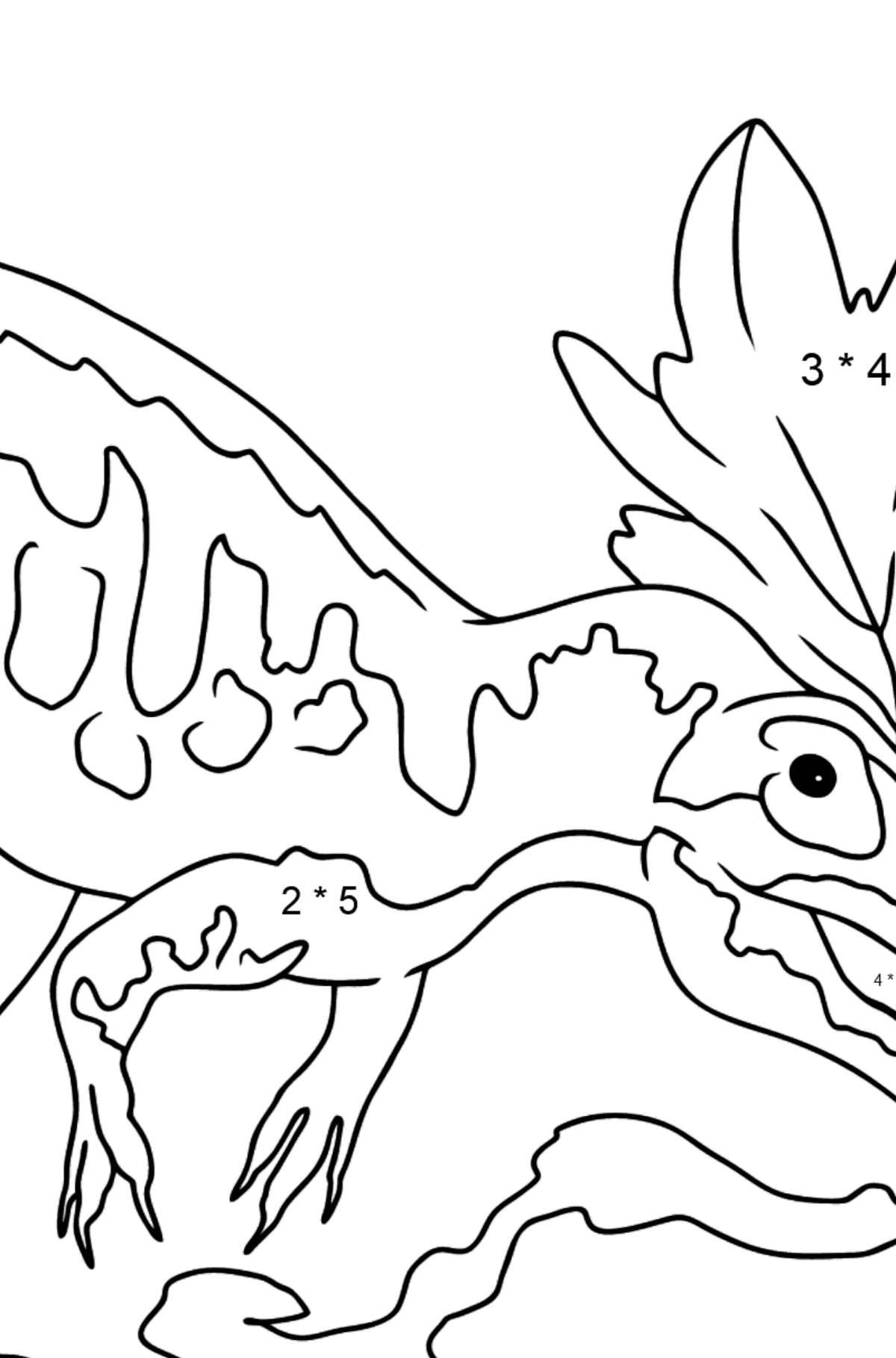 Dibujo para colorear de alosaurio (fácil) - Colorear con Matemáticas - Multiplicaciones para Niños