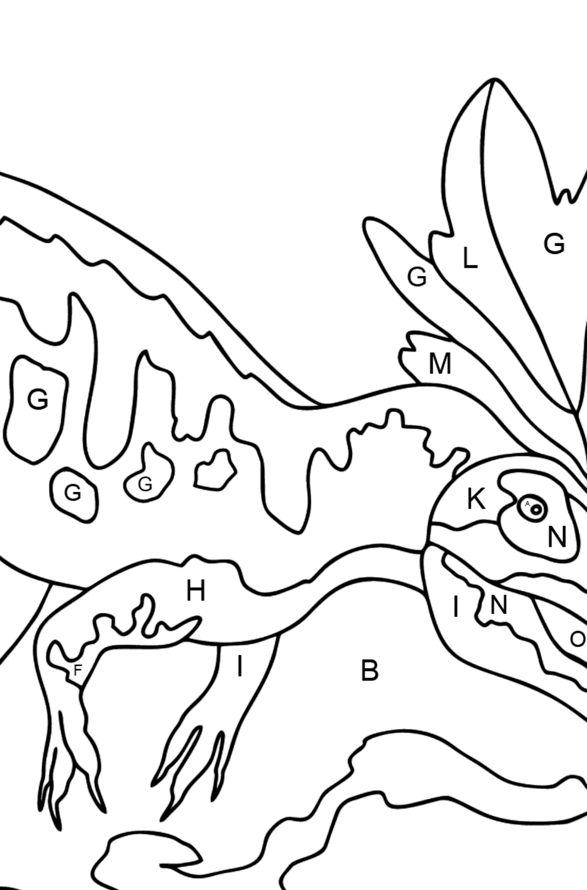 Dibujo para colorear de alosaurio (difícil) - Colorear por Letras para Niños