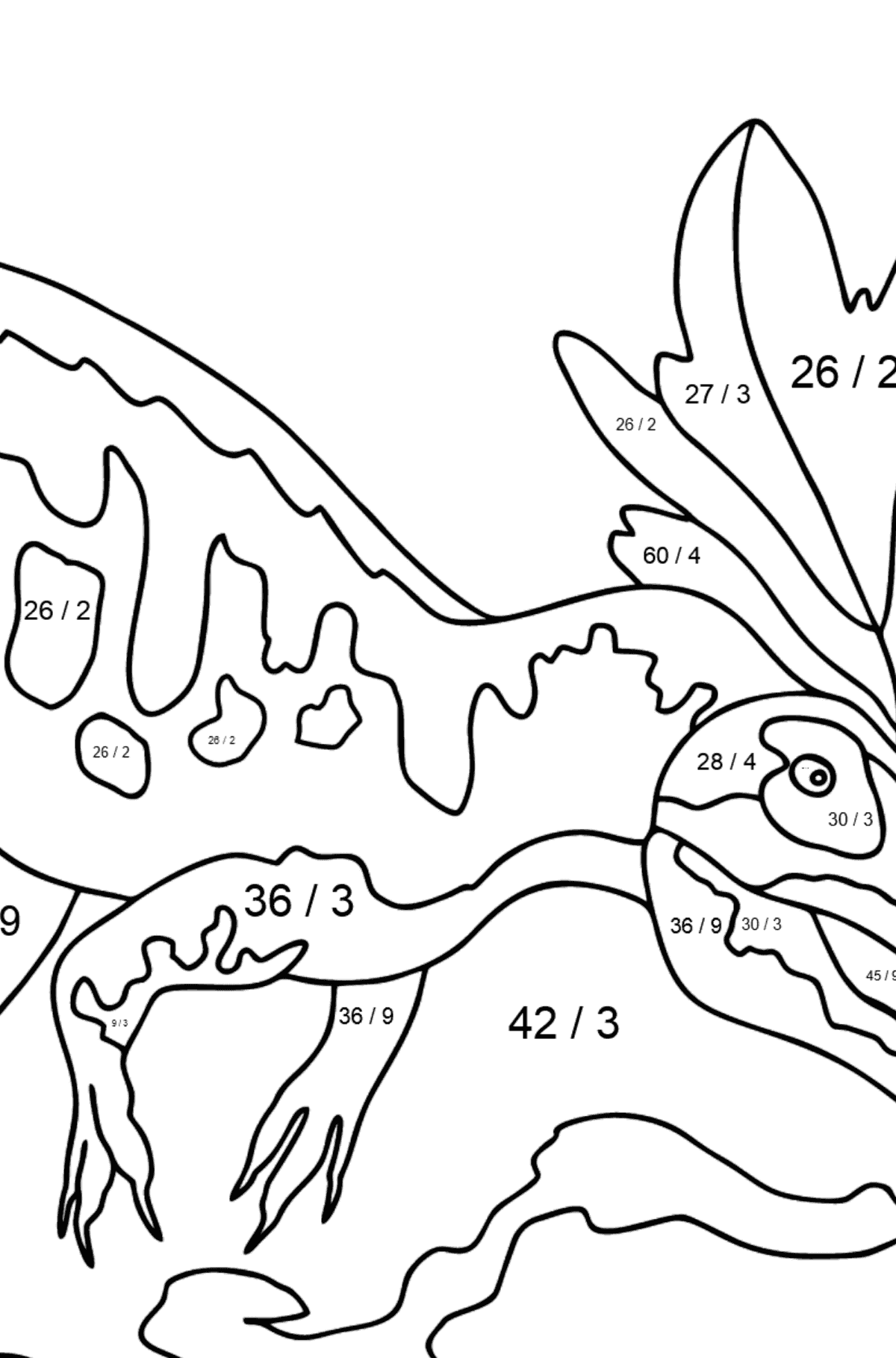 Dibujo para colorear de alosaurio (difícil) - Colorear con Matemáticas - Divisiones para Niños