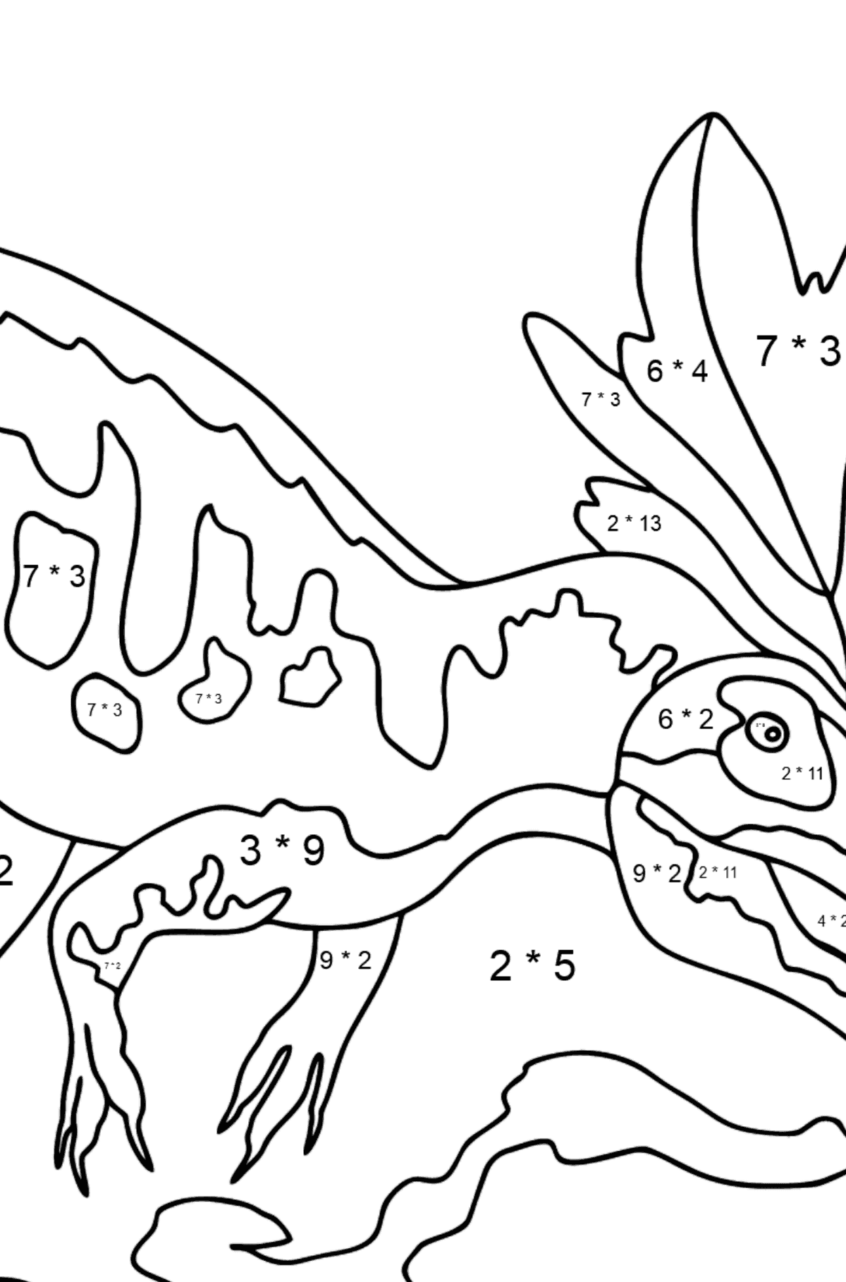 Dibujo para colorear de alosaurio (difícil) - Colorear con Matemáticas - Multiplicaciones para Niños
