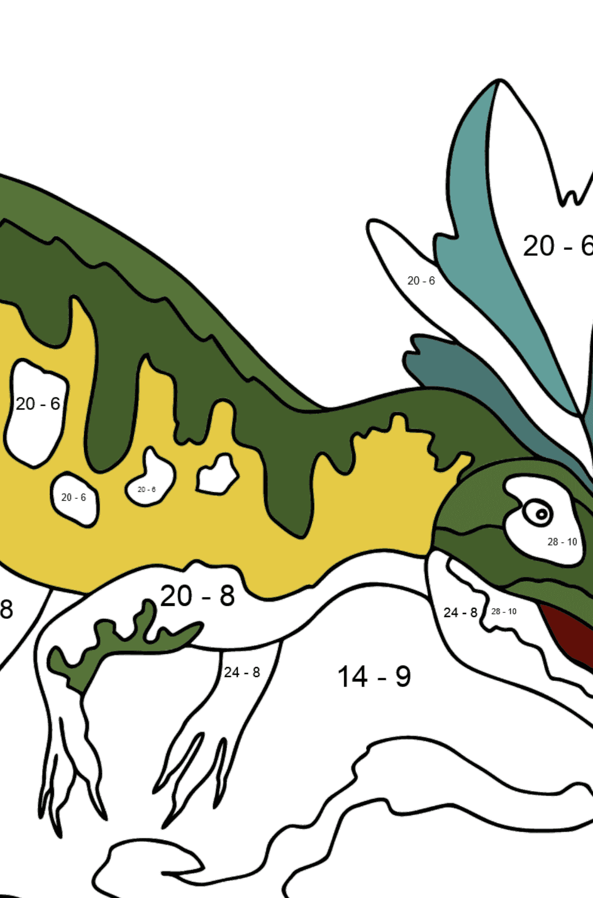 Coloring Page - Allosaurus - A Well-Researched Dinosaur - Math Coloring - Subtraction for Kids