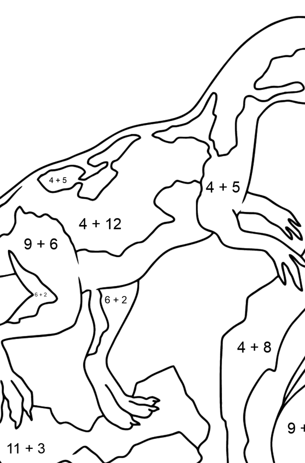 Coloring Page - Allosaurus - Jurassic Dinosaur - Math Coloring - Addition for Kids