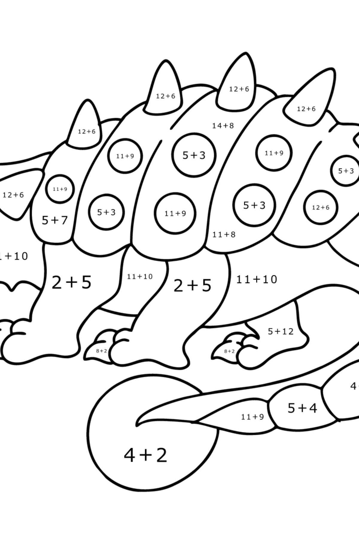 Dibujo de Anquilosaurio para colorear - Colorear con Matemáticas - Sumas para Niños