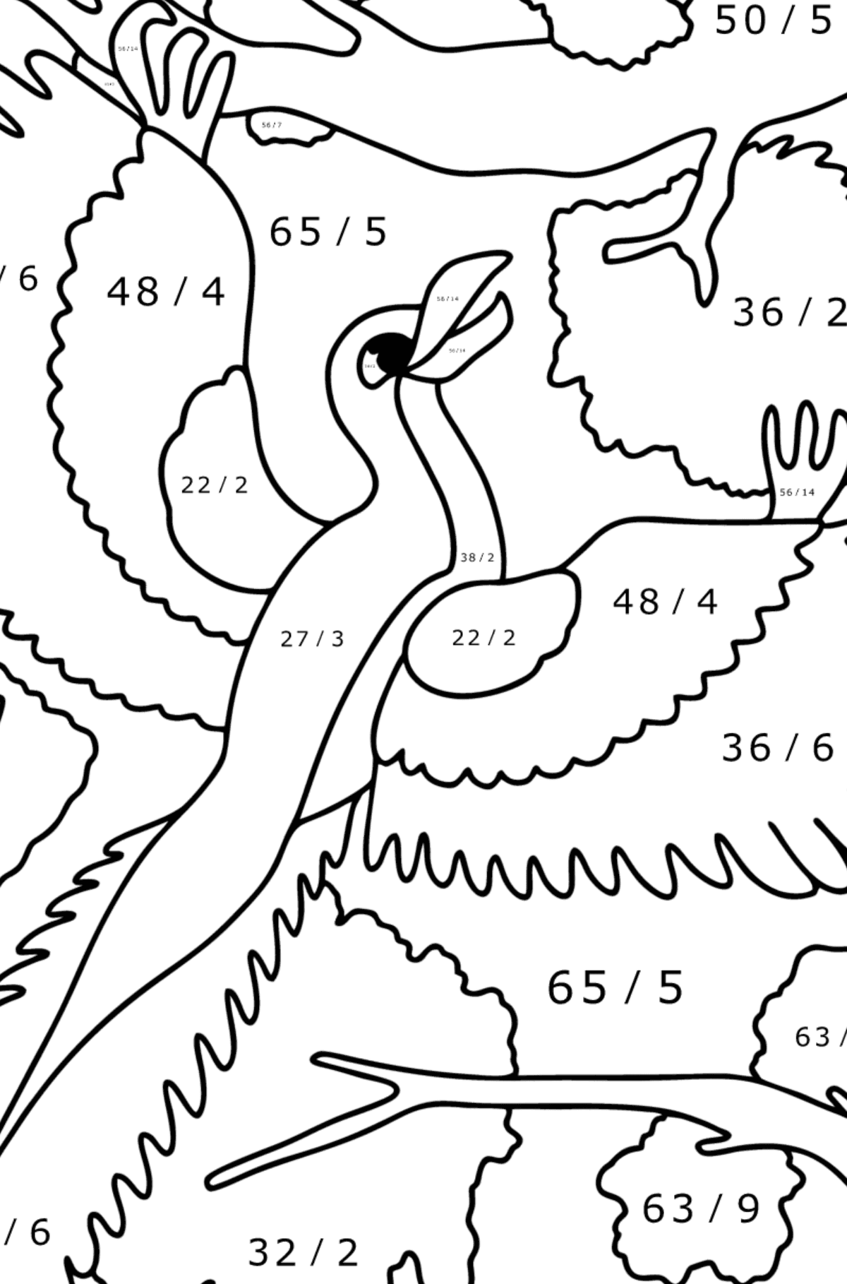 Tegning til fargelegging arkeopteryx - Matematisk fargeleggingsside - divisjon for barn