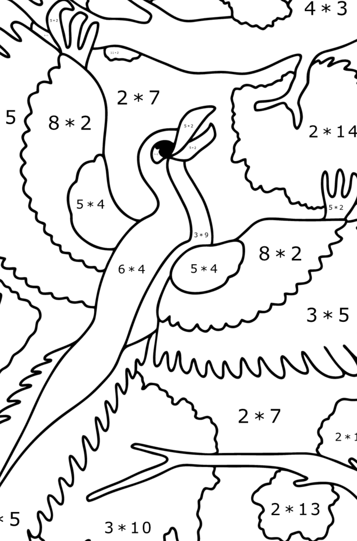 Tegning til fargelegging arkeopteryx - Matematisk fargeleggingsside - multiplisering for barn