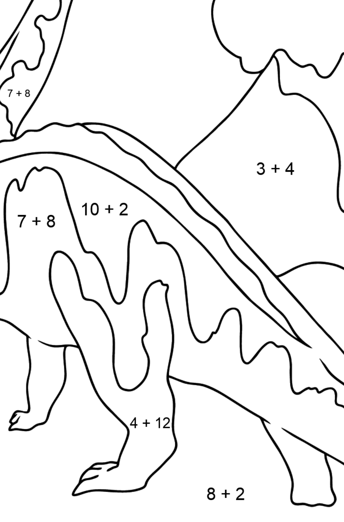 Tegning til fargelegging brontosaurus - Matematisk fargeleggingsside - addisjon for barn