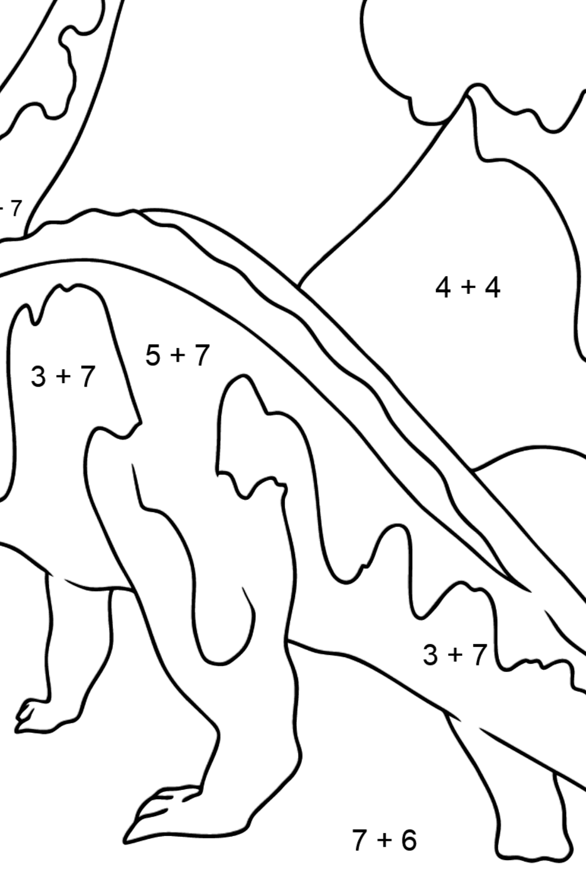 Brontosaurus Malvorlage (einfach) - Mathe Ausmalbilder - Addition für Kinder