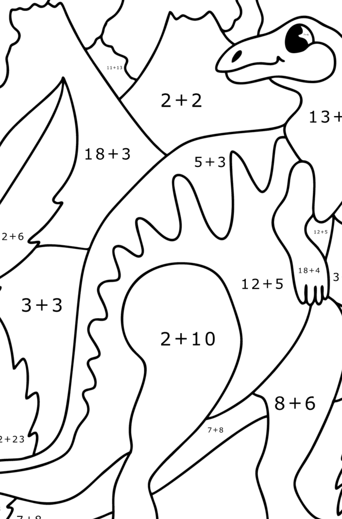 Tegning til fargelegging hadrosaur - Matematisk fargeleggingsside - addisjon for barn