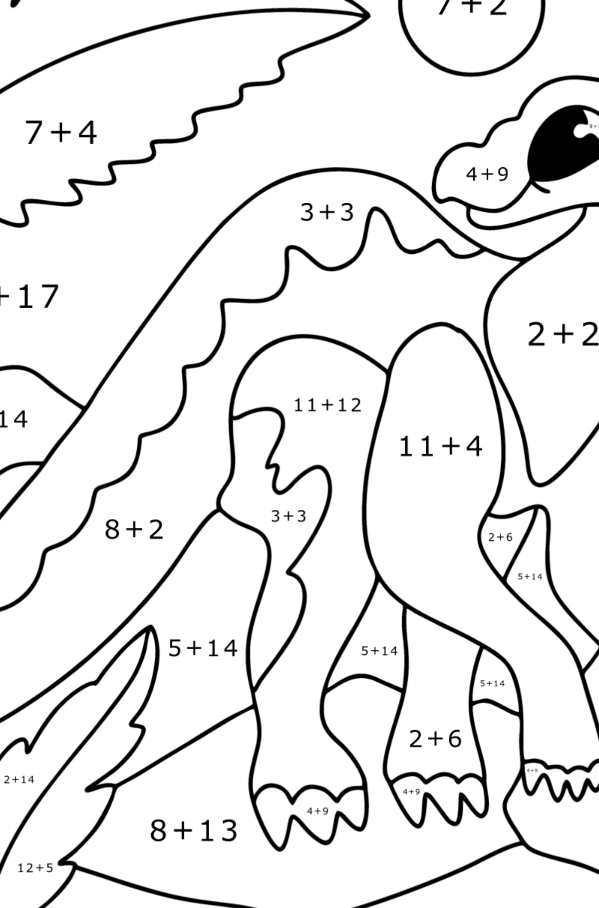 Tegning til fargelegging iguanodon - Matematisk fargeleggingsside - addisjon for barn