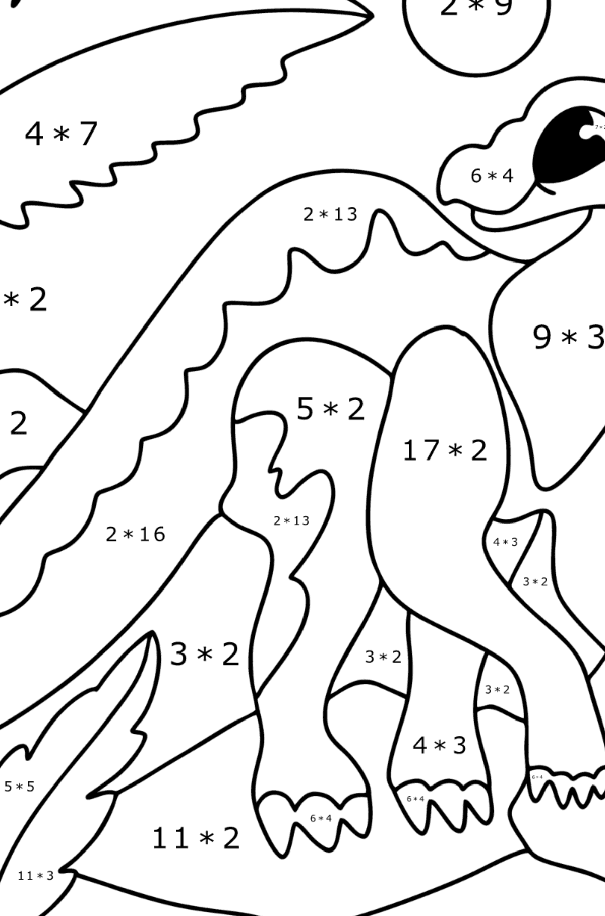 Tegning til fargelegging iguanodon - Matematisk fargeleggingsside - multiplisering for barn