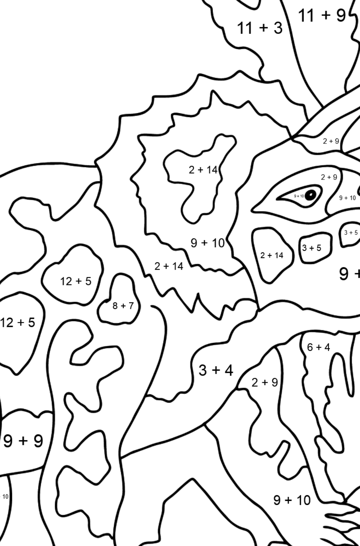 Tegning til fargelegging triceratops (vanskelig) - Matematisk fargeleggingsside - addisjon for barn