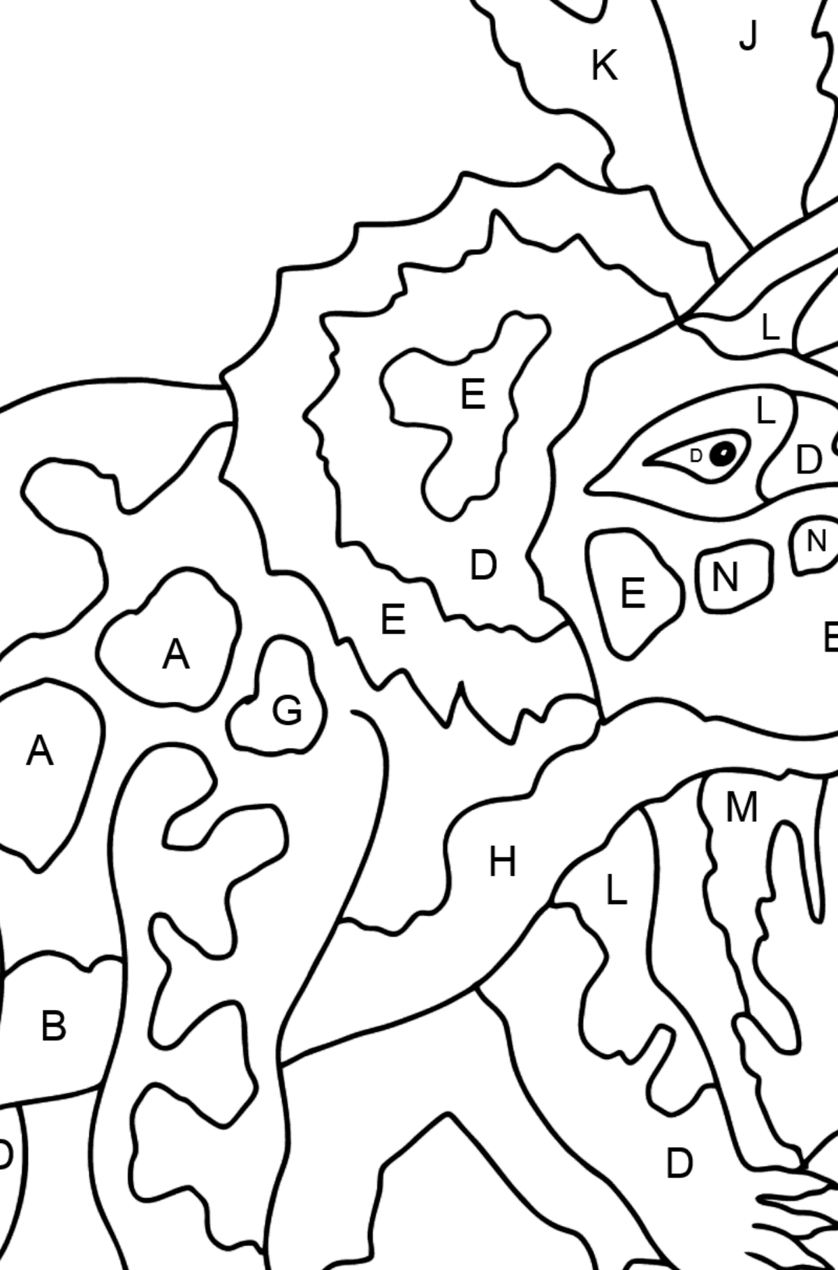 Coloring Page - Triceratops - A Grass-Eating Dinosaur - Coloring by Letters for Kids