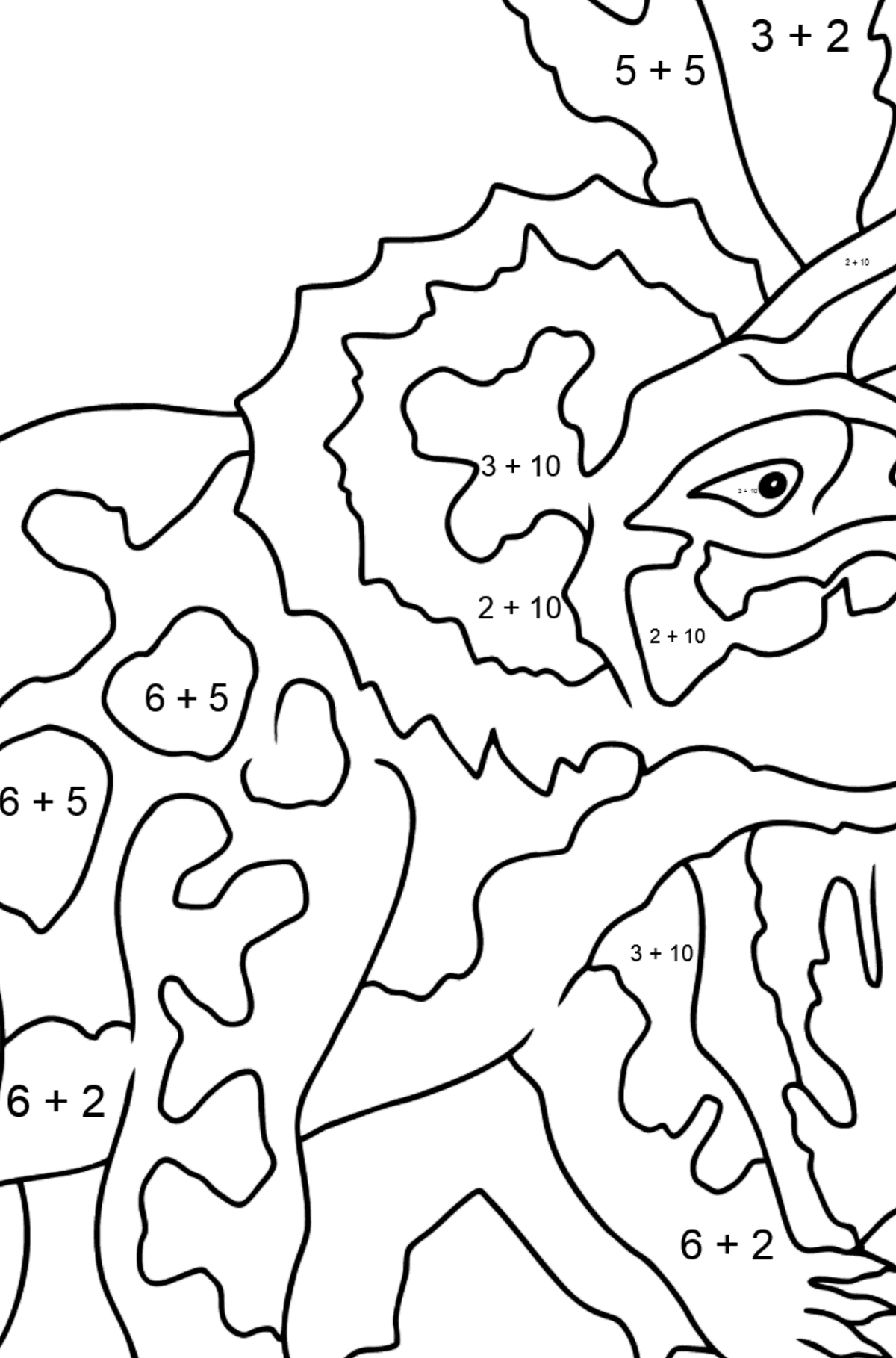 Coloring Page - Triceratops - A Peaceful Horned Dinosaur - Math Coloring - Addition for Kids