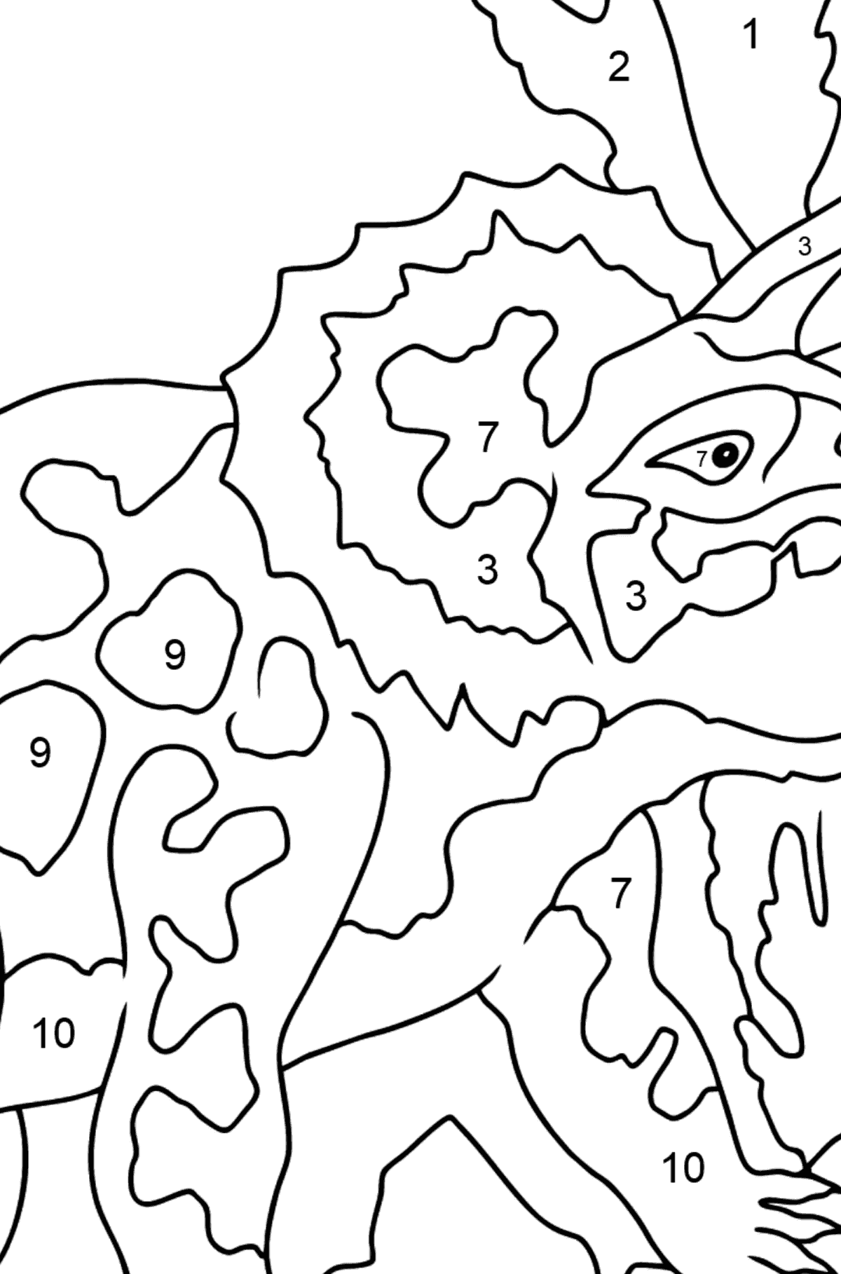 Coloring Page - Triceratops - A Peaceful Horned Dinosaur - Coloring by Numbers for Kids
