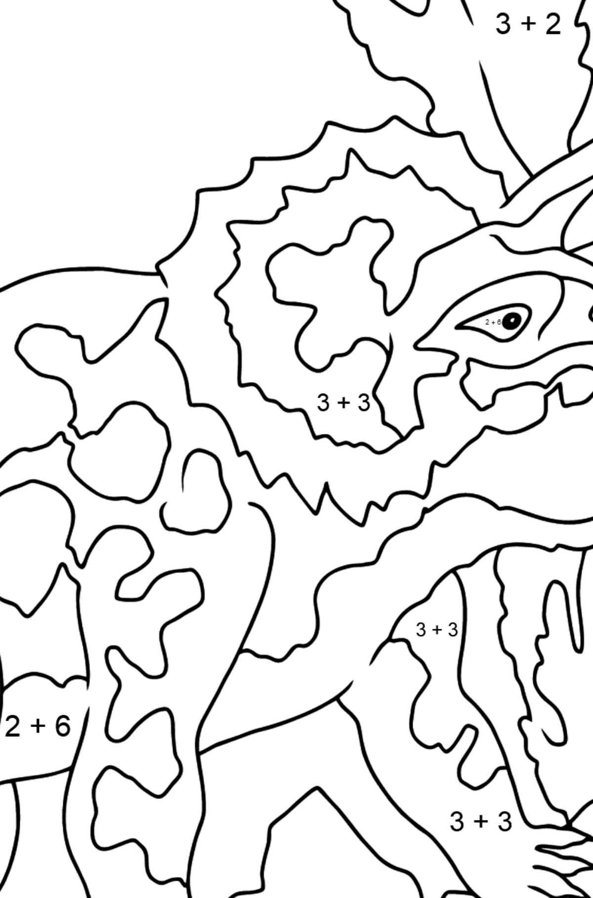 Dibujo para colorear Triceratops (fácil) - Colorear con Matemáticas - Sumas para Niños