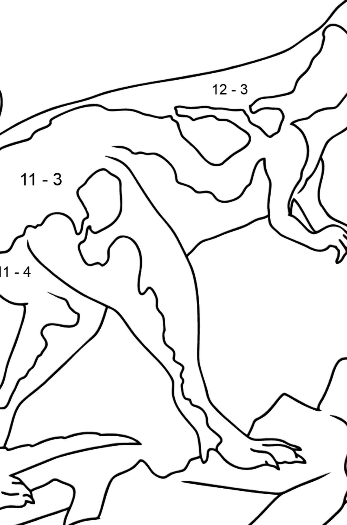 Tiranosaurio Dibujo para colorear (fácil) - Colorear con Matemáticas - Restas para Niños