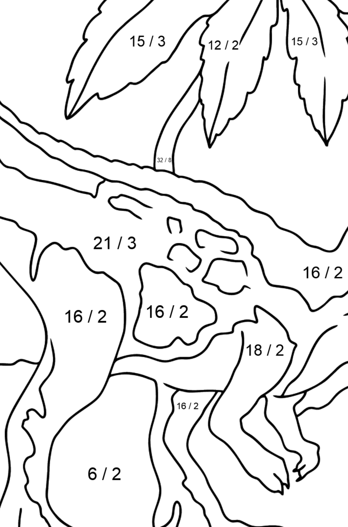 Tiranosaurio depredador Dibujo para colorear - Colorear con Matemáticas - Divisiones para Niños
