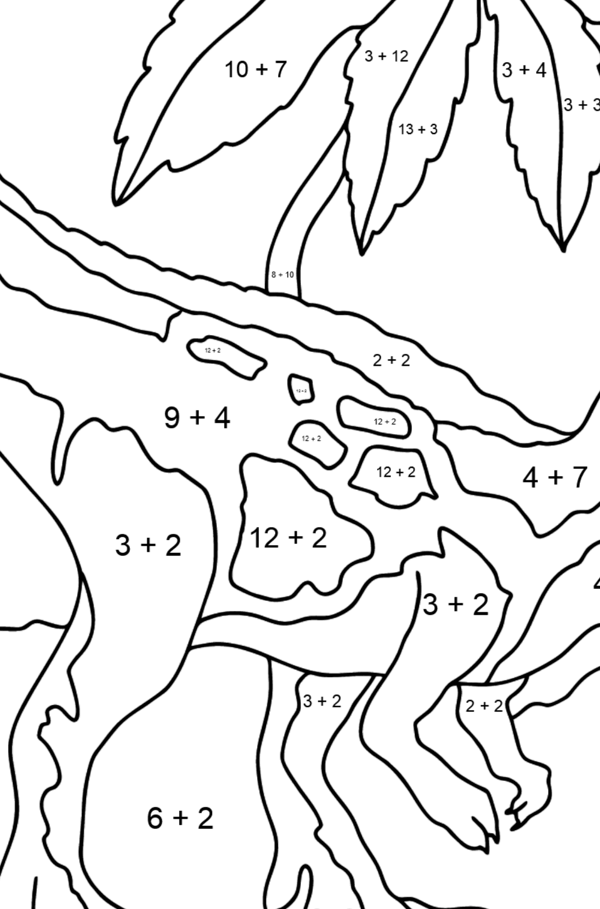 Tegning til fargelegging tyrannosaurus rovdyr (vanskelig) - Matematisk fargeleggingsside - addisjon for barn