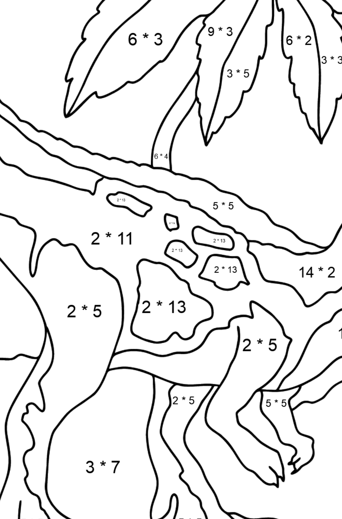 Desenho para colorir do predador tiranossauro (difícil) - Colorindo com Matemática - Multiplicação para Crianças