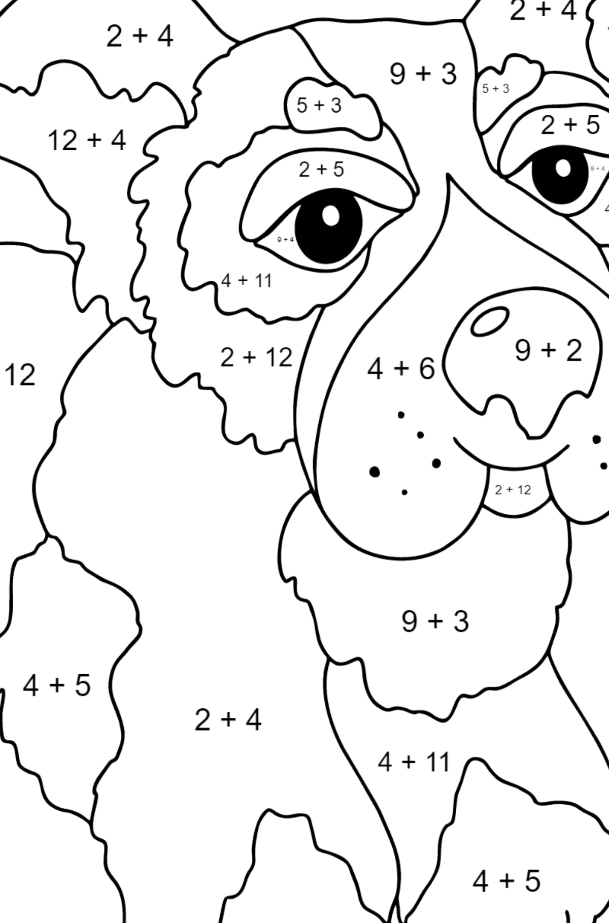 Розмальовка собака для друку - Математична Розмальовка Додавання для дітей