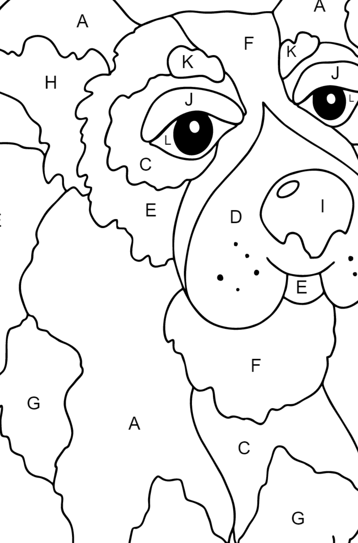 Coloring Page - A Dog is Playing with a Ball for Kids  - Color by Letters