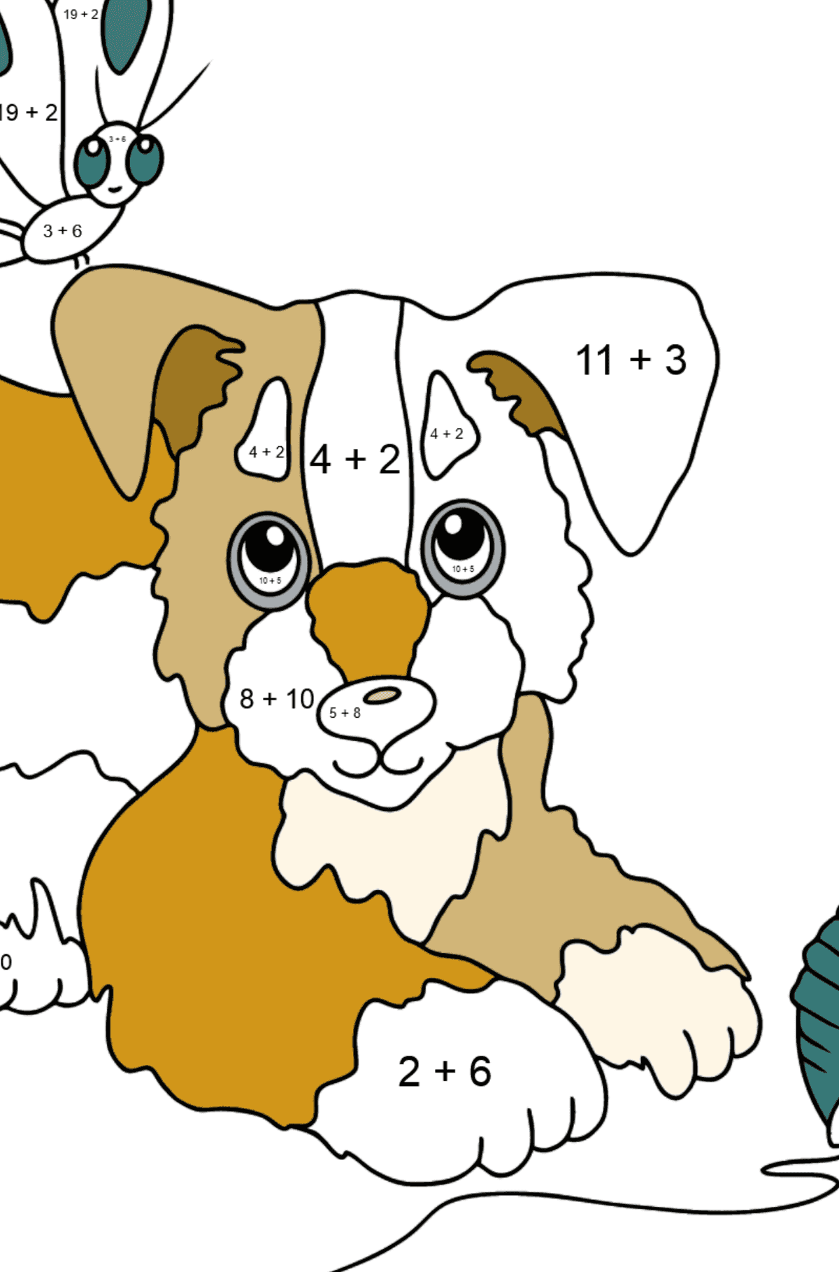 Dibujo para Colorear - Un Perro está Jugando con un Bola de Estambre y con Mariposas - Colorear con Matemáticas - Sumas para Niños