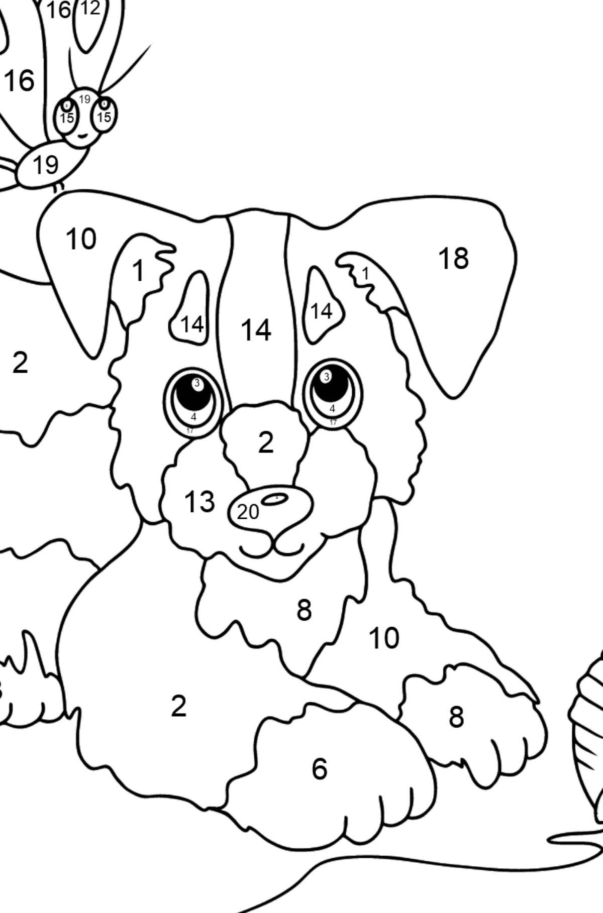 Dibujo para Colorear - Un Perro está Jugando con un Bola de Estambre y con Mariposas - Colorear por Números para Niños