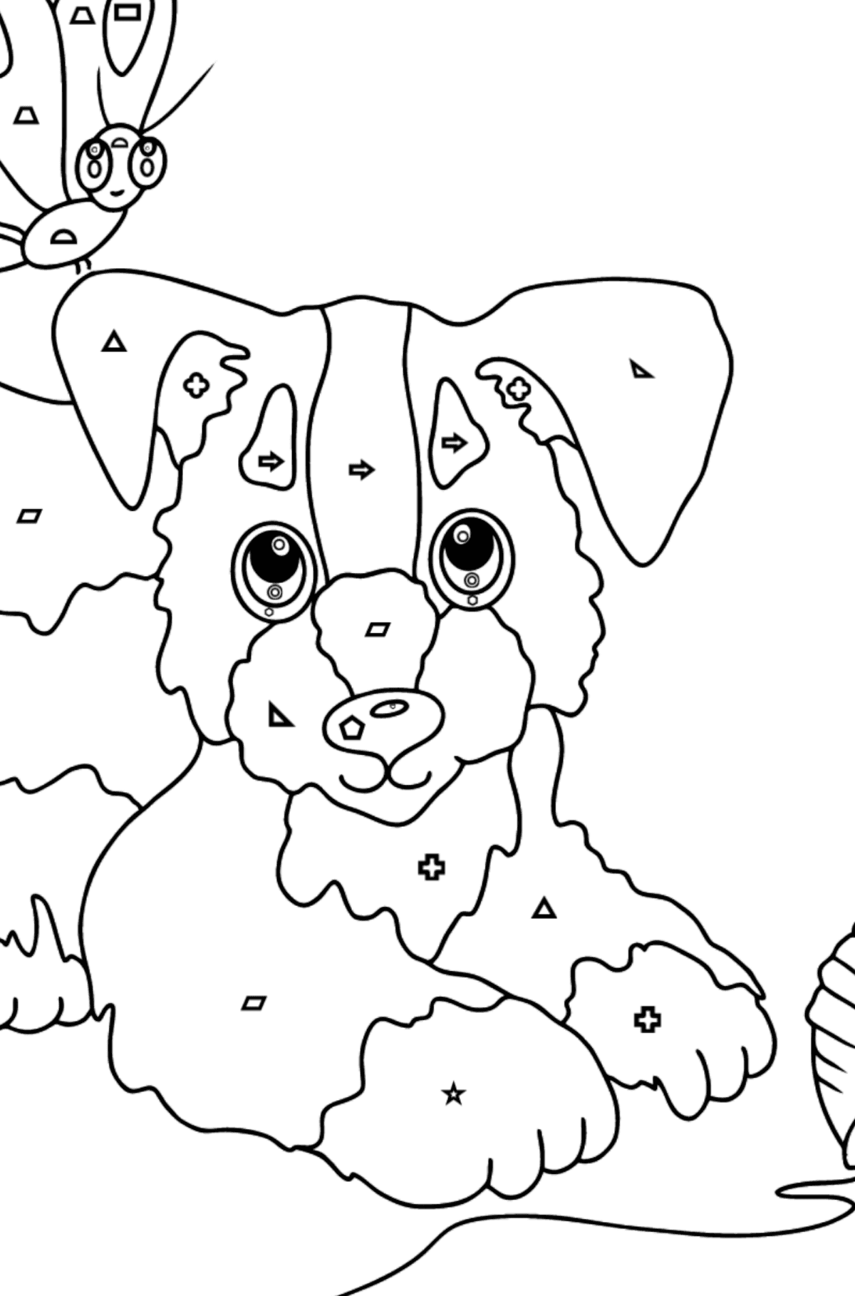 Ausmalbild - Ein Hund spielt mit einem Garnknäuel und Schmetterlingen - Ausmalen nach Geometrischen Formen für Kinder