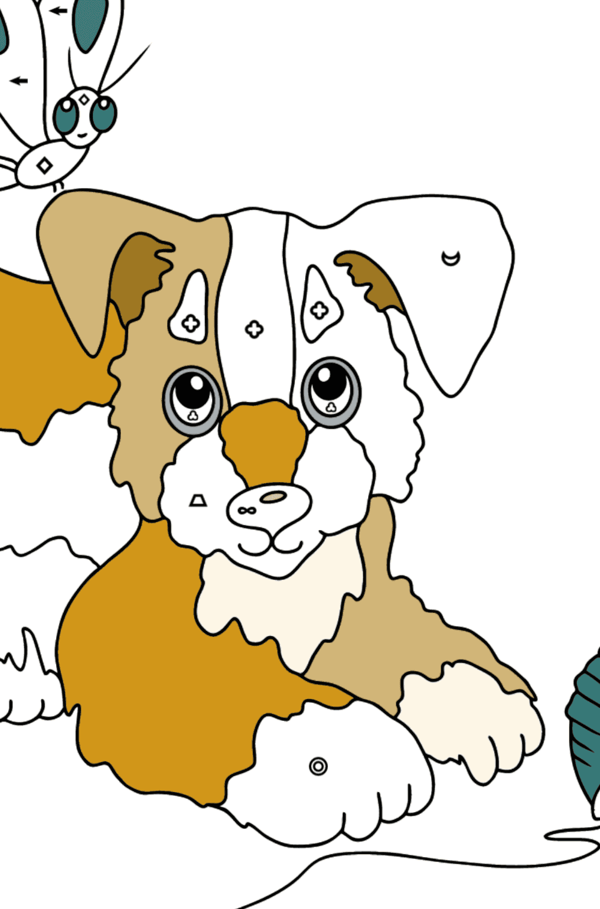 Coloring Page - A Dog is Playing with a Ball of Yarn and Butterflies - Coloring by Symbols and Geometric Shapes for Kids