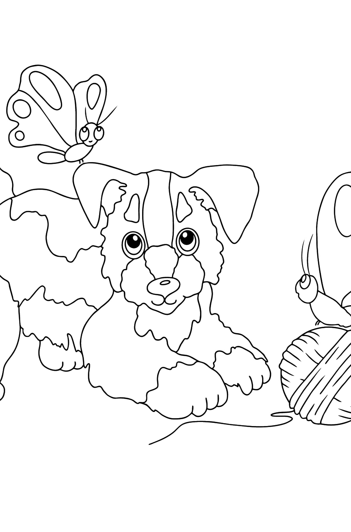 Ausmalbild - Ein Hund spielt mit einem Garnknäuel und Schmetterlingen - Malvorlagen für Kinder