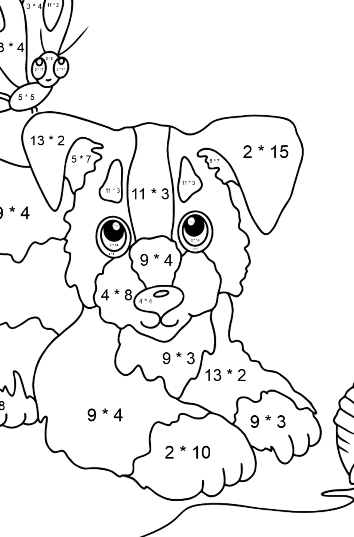 Ausmalbild - Ein Hund spielt mit einem Garnknäuel und Schmetterlingen - Mathe Ausmalbilder - Multiplikation für Kinder