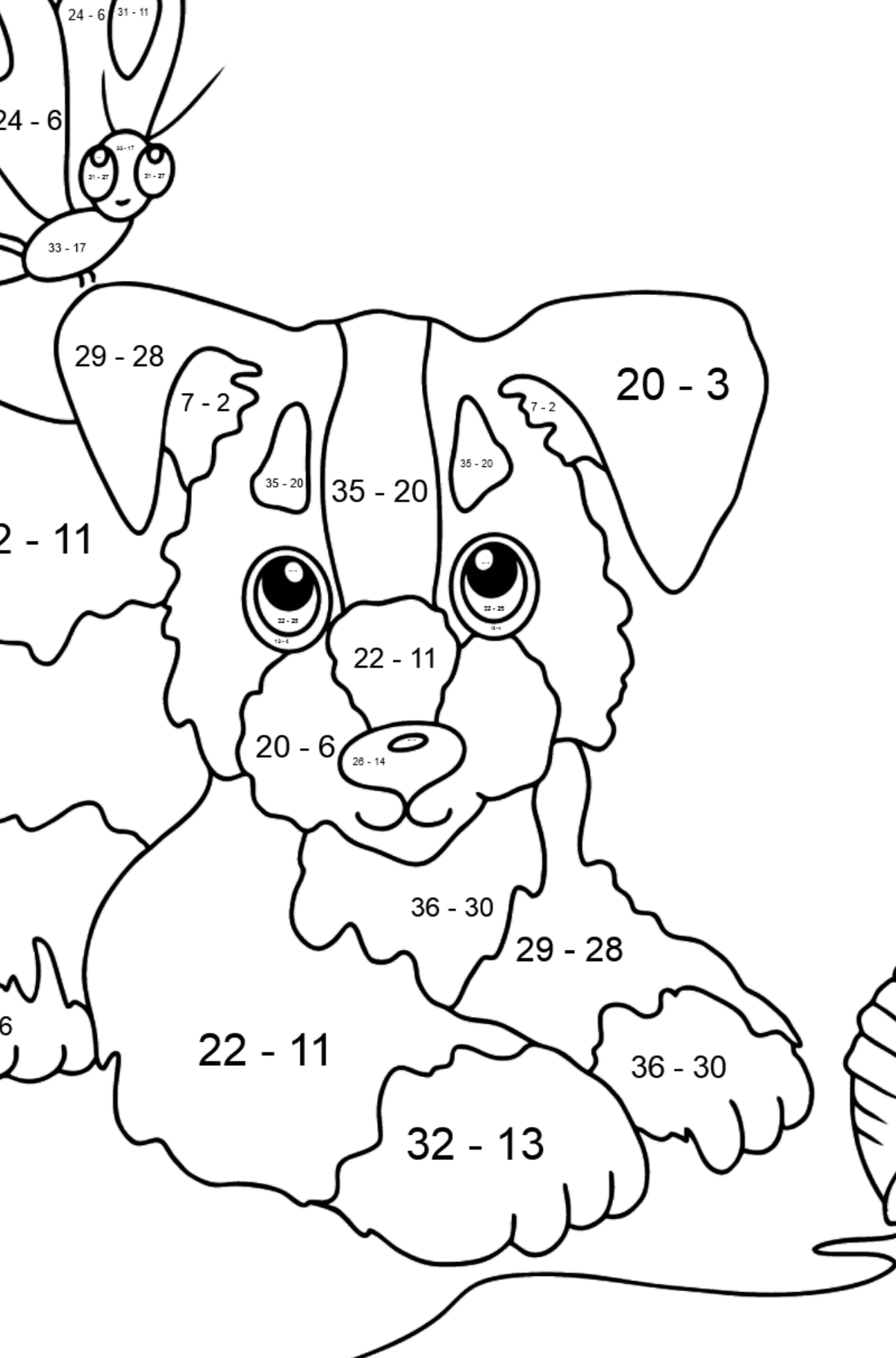 Coloring Page - A Dog is Playing with a Ball of Yarn and Butterflies - Math Coloring - Subtraction for Kids