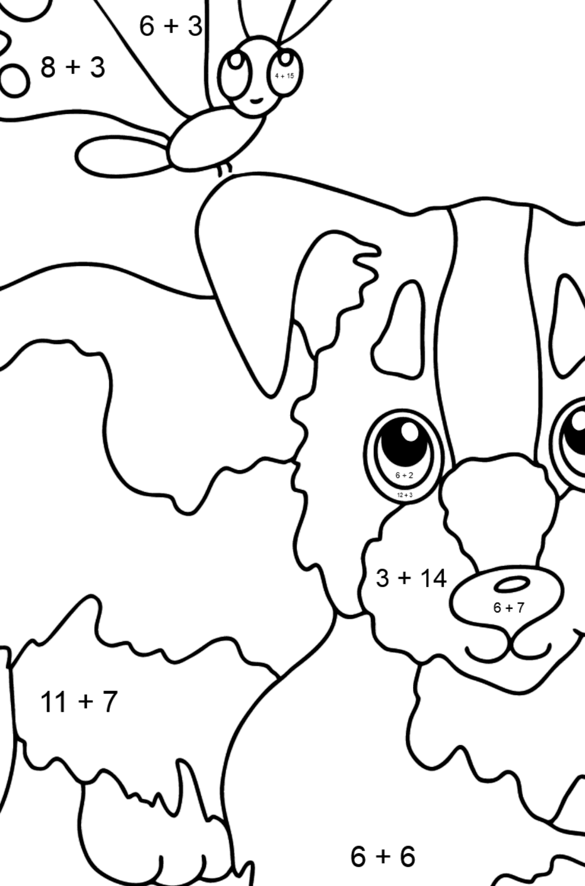 Coloring Page - A Dog is Playing with a Beautiful Butterfly - Math Coloring - Addition for Kids