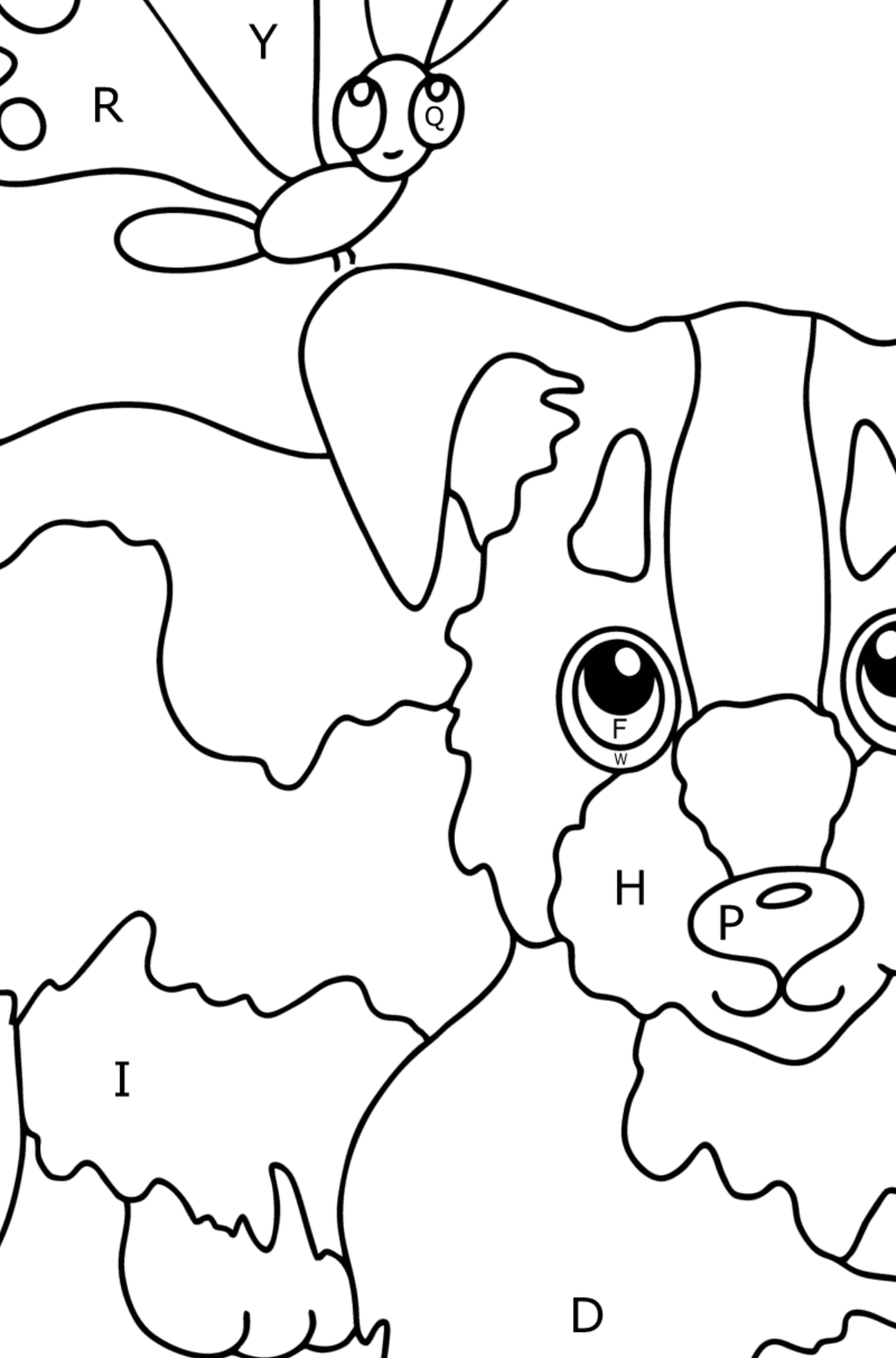 Tegning til fargelegging hund og sommerfugl (enkelt) - Fargelegge etter bokstaver for barn