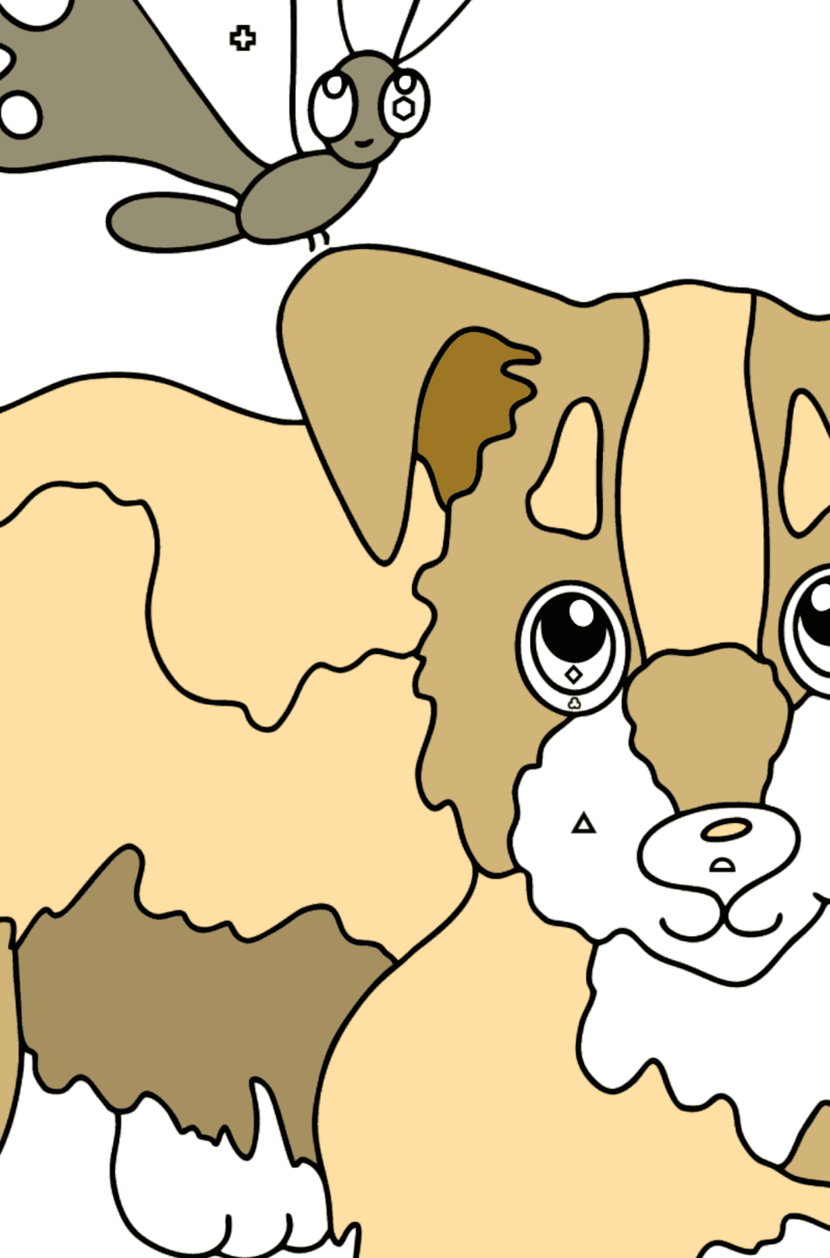 Desenho de cachorro e borboleta para colorir (fácil) - Colorir por Formas Geométricas para Crianças