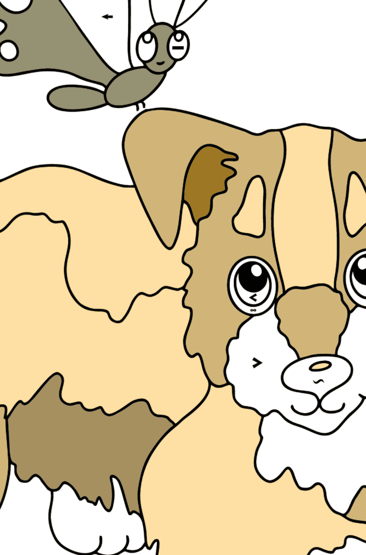 Coloring Page - A Dog is Playing with a Beautiful Butterfly - Coloring by Symbols for Kids