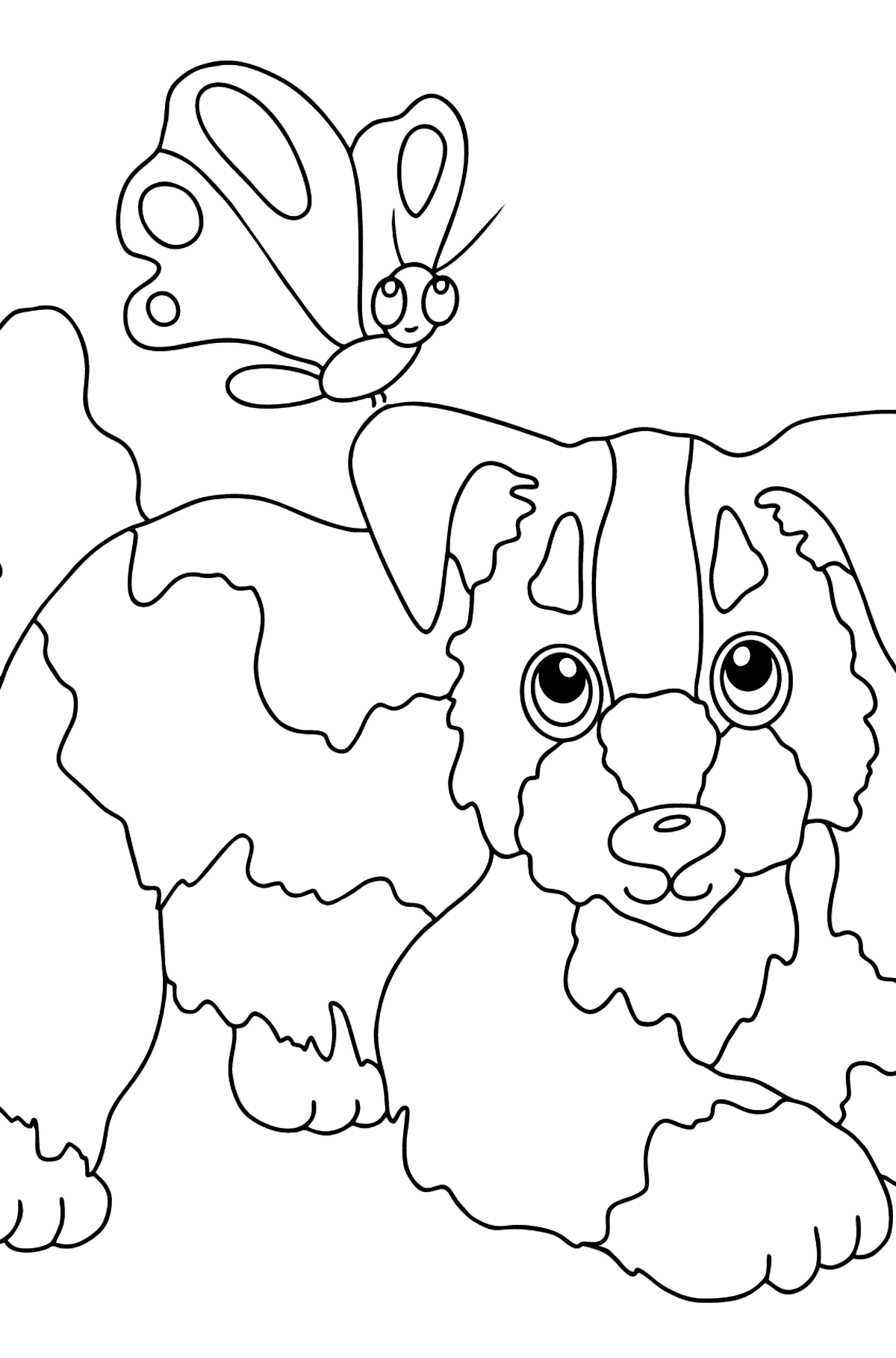 Coloring Page - A Dog is Playing with a Beautiful Butterfly - Coloring Pages for Kids